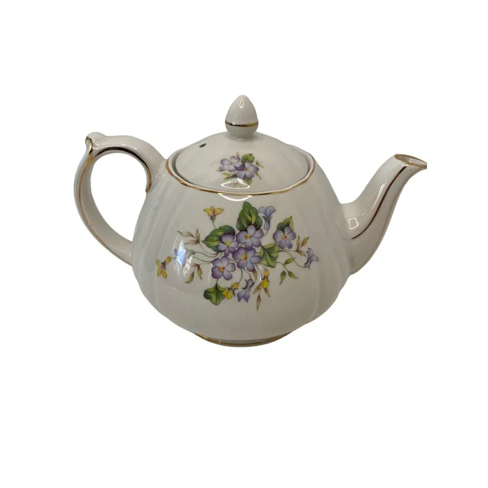 England‎ violet ceramic teapot with lid gilded gold trim rounded floral 6
